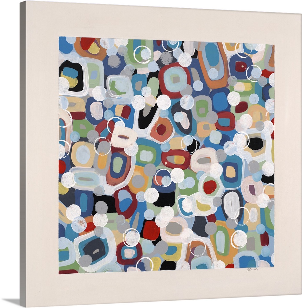 Contemporary painting with colorful gem-like spots filling a square, surrounded by plain beige.