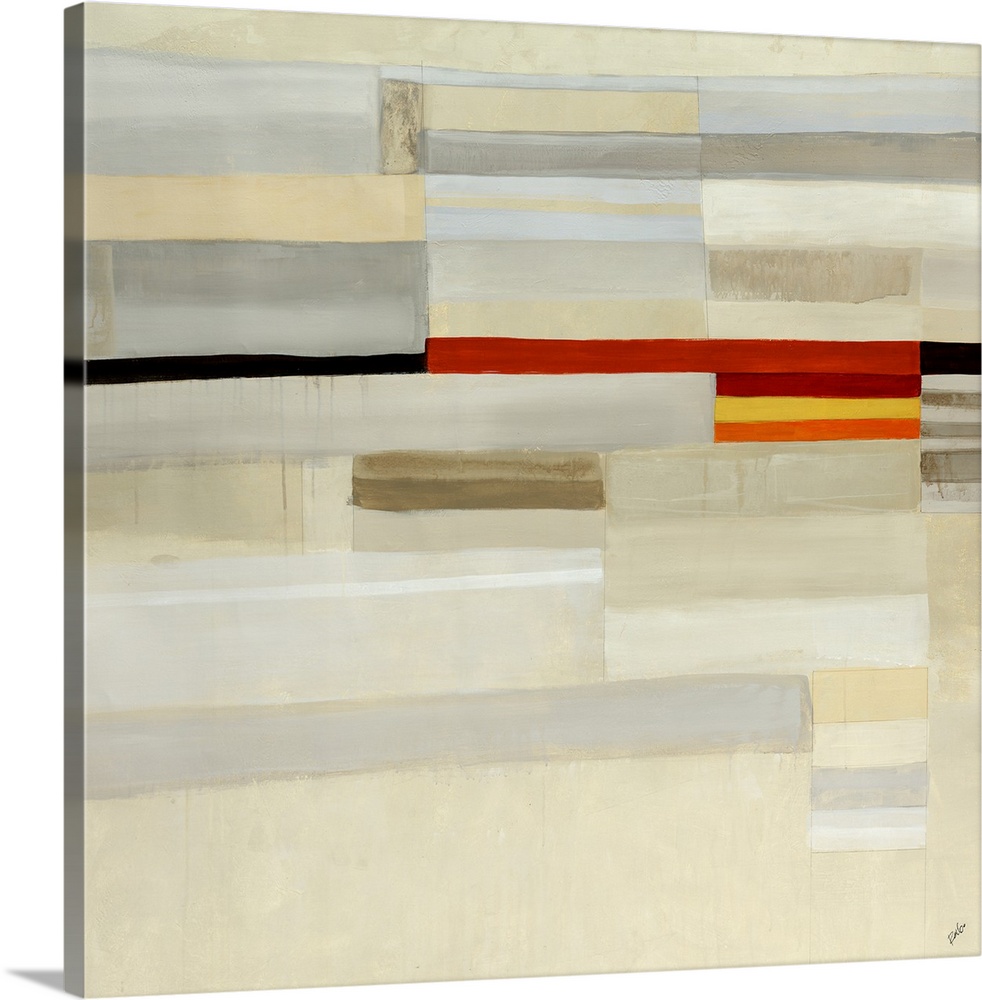 Abstract contemporary art painting of block of neutral horizontal lines with a row of small colored block running through ...