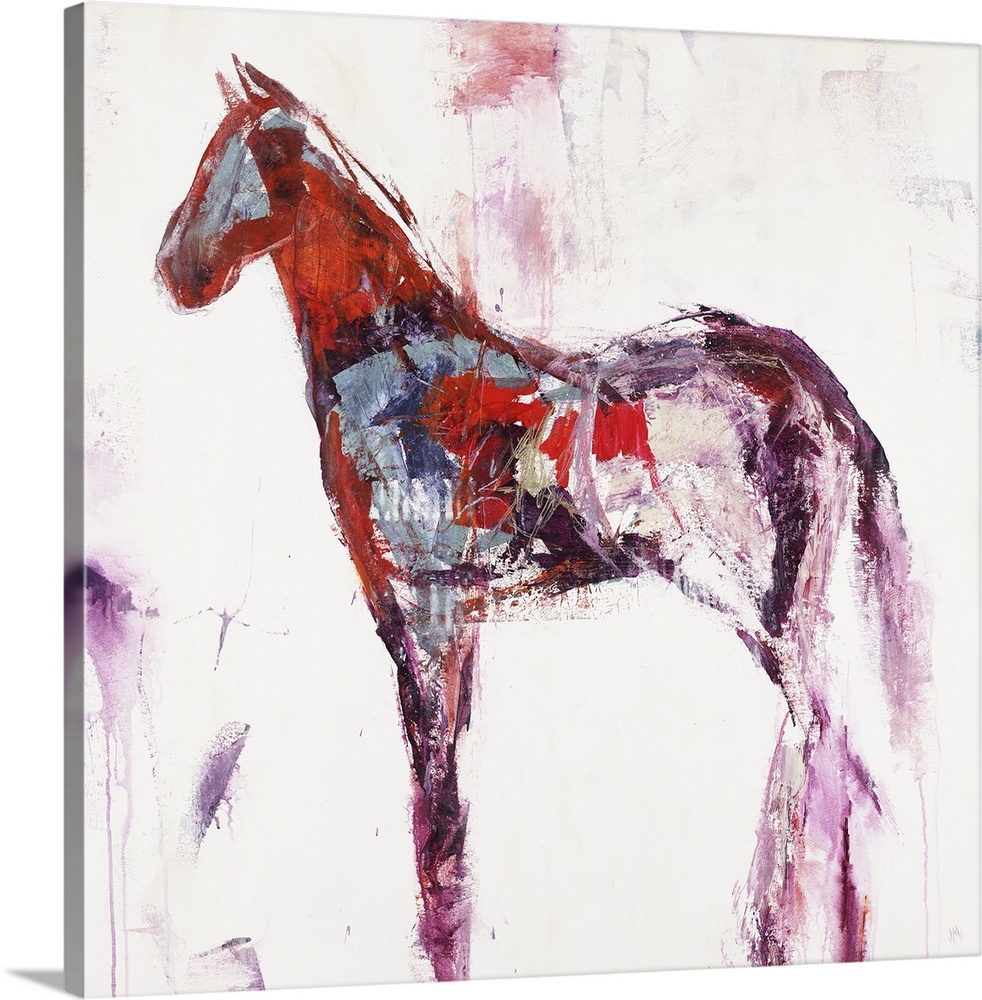An abstract painting in the form of a horse using bold brush strokes of warm colors of red, magenta and blues.
