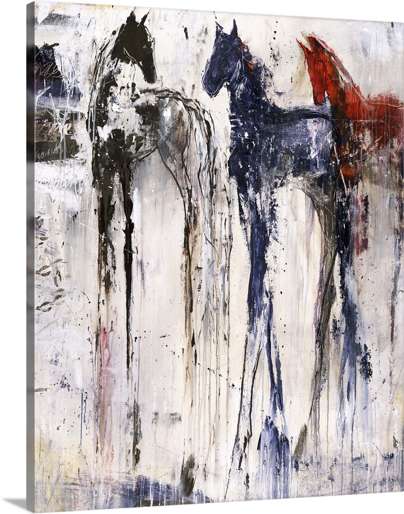Tall abstract painting of three horses with vertical lines of color.