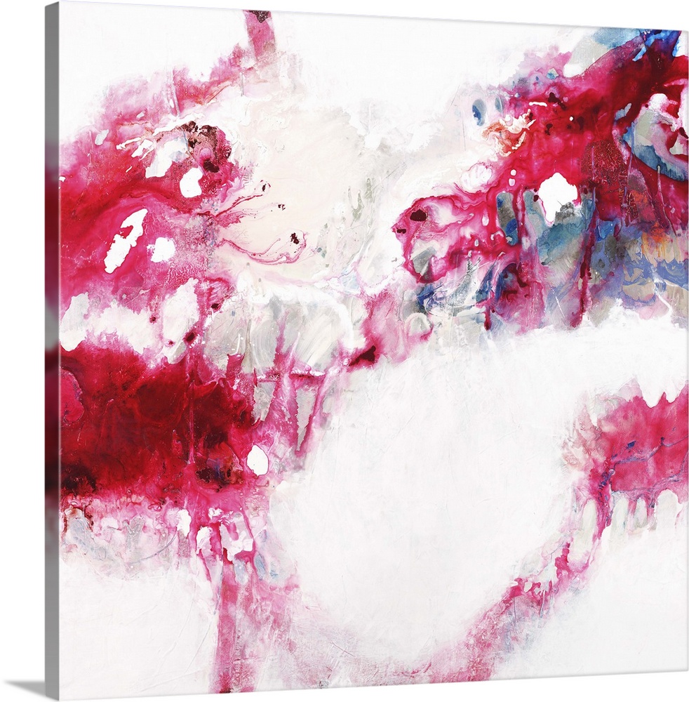 Contemporary abstract painting in shades of bright pink standing out against white.