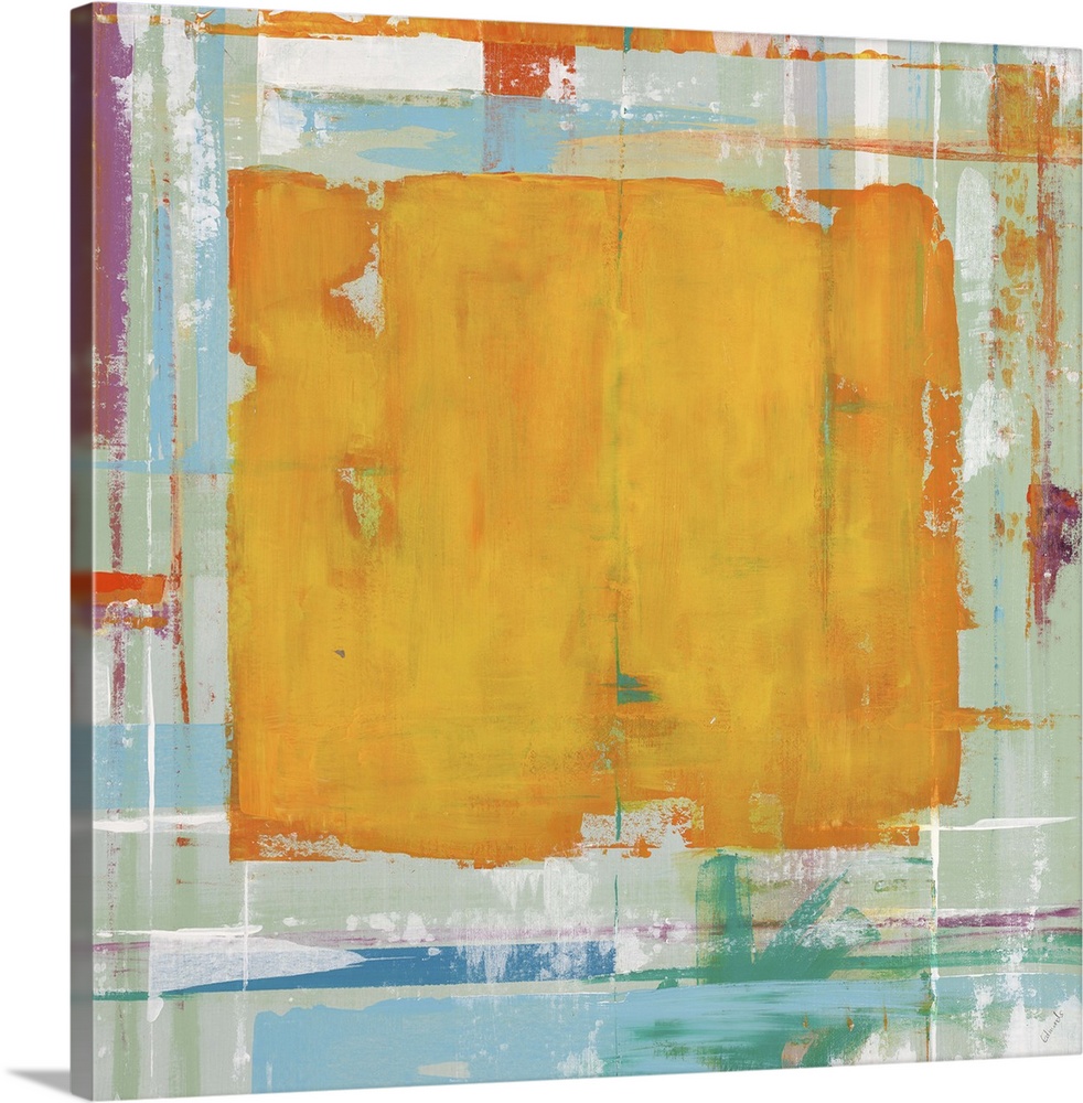 Abstract painting with an orange rectangle in the center of the image against blue and yellow colors.