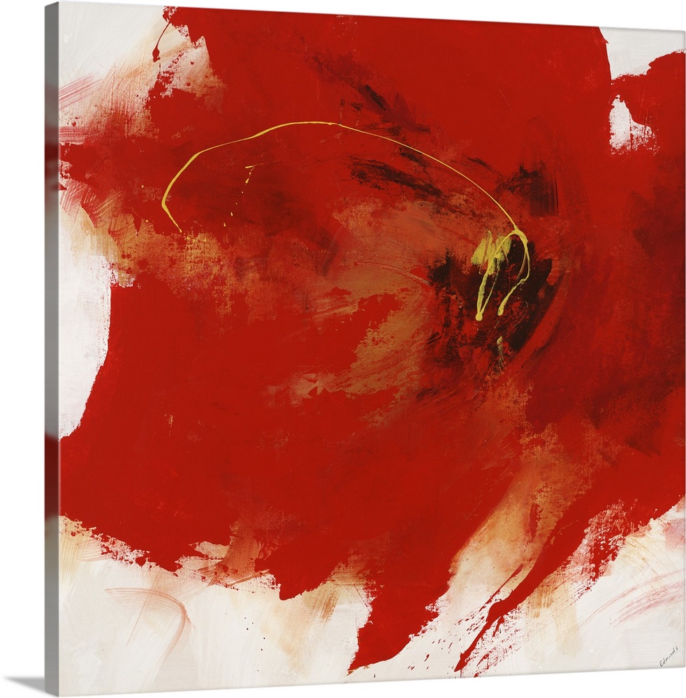 Abstract painting of a large red flower with edges that are spattered and roughly brushed on a solid white background.