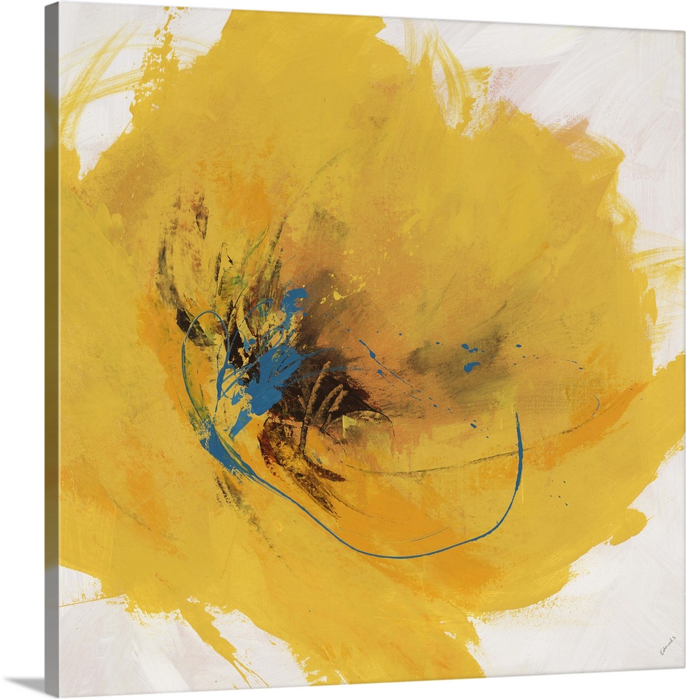 Abstract painting of a large golden flower with a dark center, painted with thick sweeping brushstrokes and spatters, on a...