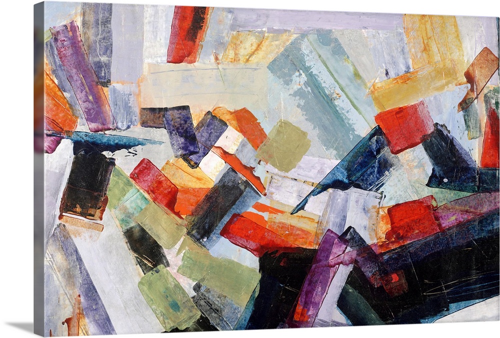 Large abstract painting with thick, angled, brushstrokes of color moving in all directions and layered on top of each other.