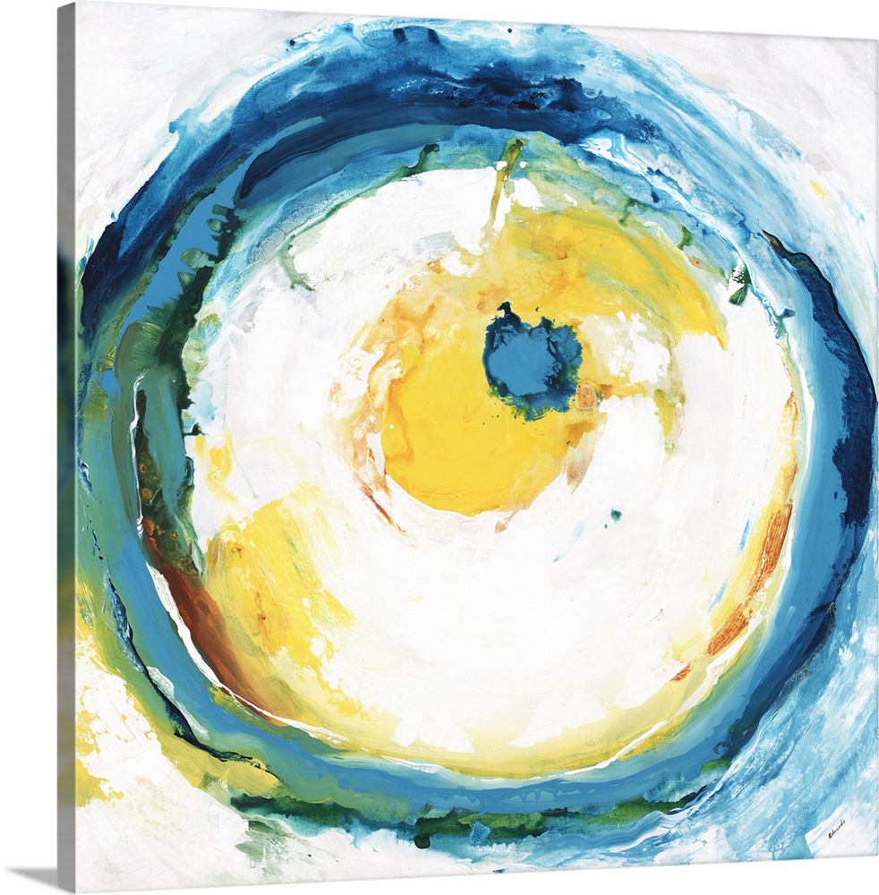 Square abstract artwork with a large circle in the center with blue, green, yellow, and orange brushstrokes on a white and...