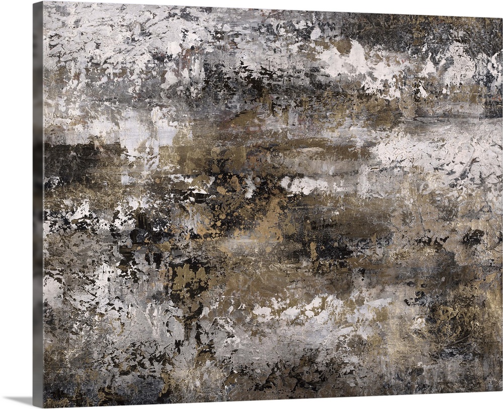 Abstract painting using textured looking gray tones to form what almost appears as a landscape.