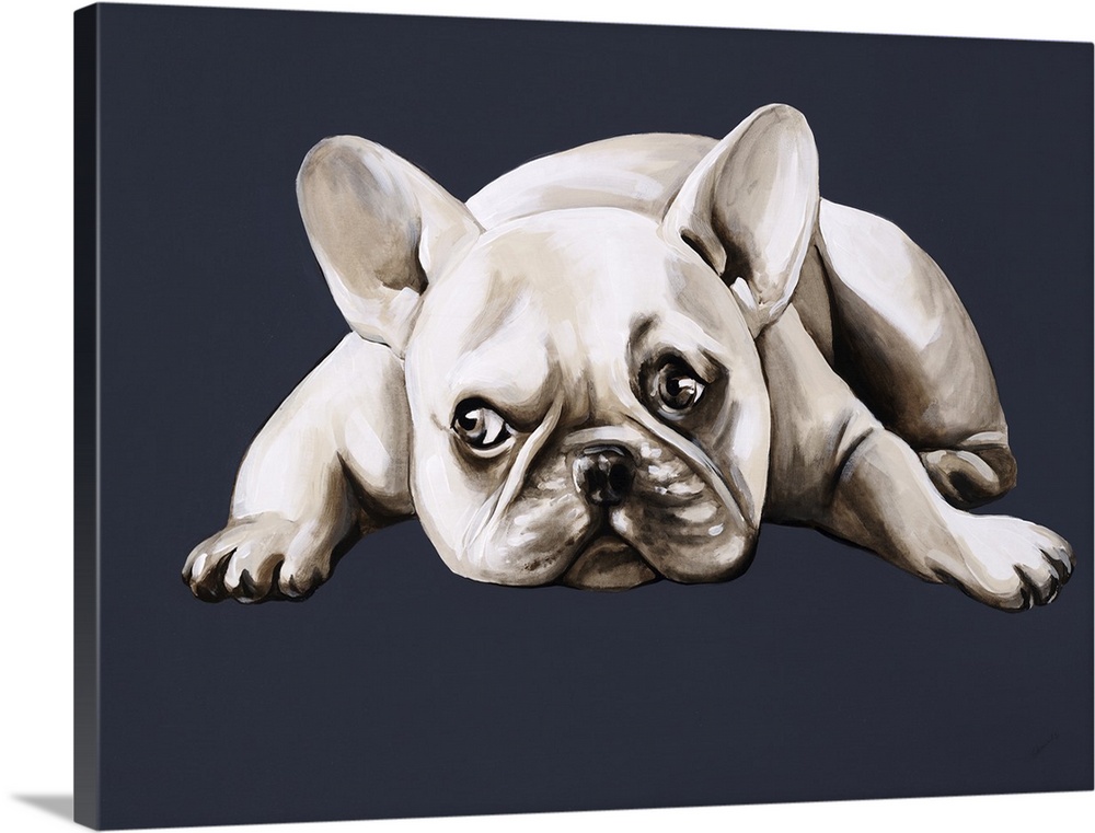 A contemporary artwork of a french bulldog laying down with a look of longing on his face.