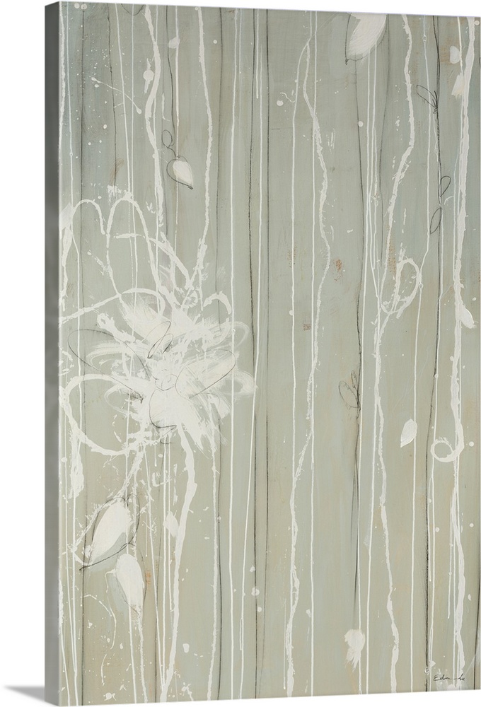 Abstract artwork with a grey background that has white lines of paint dripping down with a floral design on the left side.