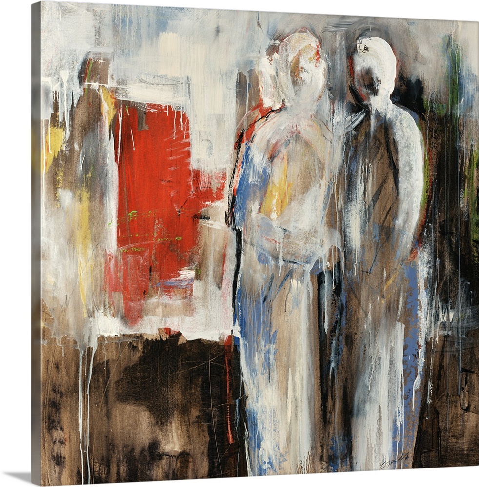An abstract painting of two figures in neutral colors with pops of red.