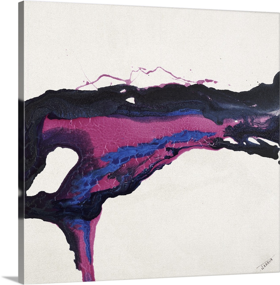 Square abstract painting with a horizontal line of pink, blue and black paint which gives the appearance of dripping downw...