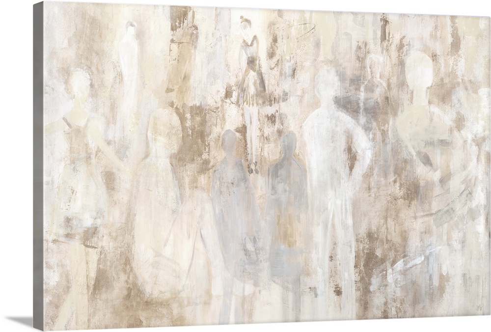 Contemporary abstract painting in shades of white with subtle figures.