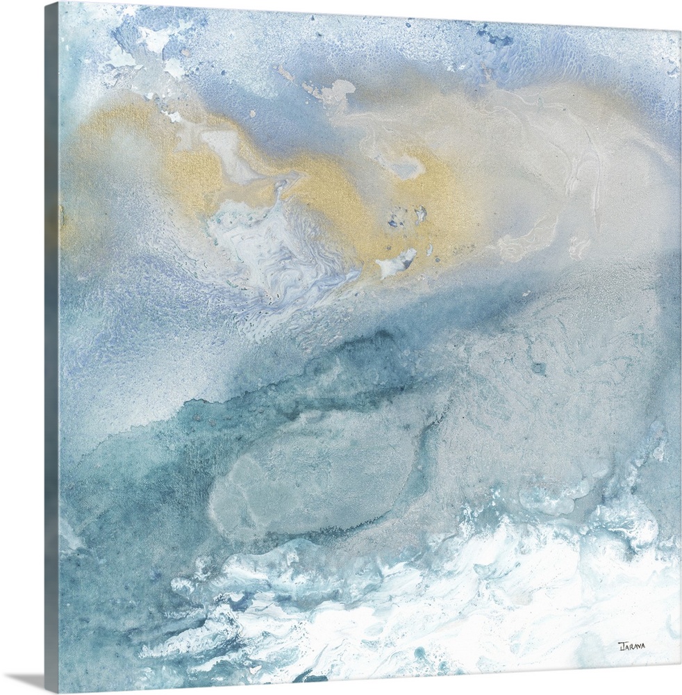 Square abstract art in shades of blue, gray, white, and gold forming together.