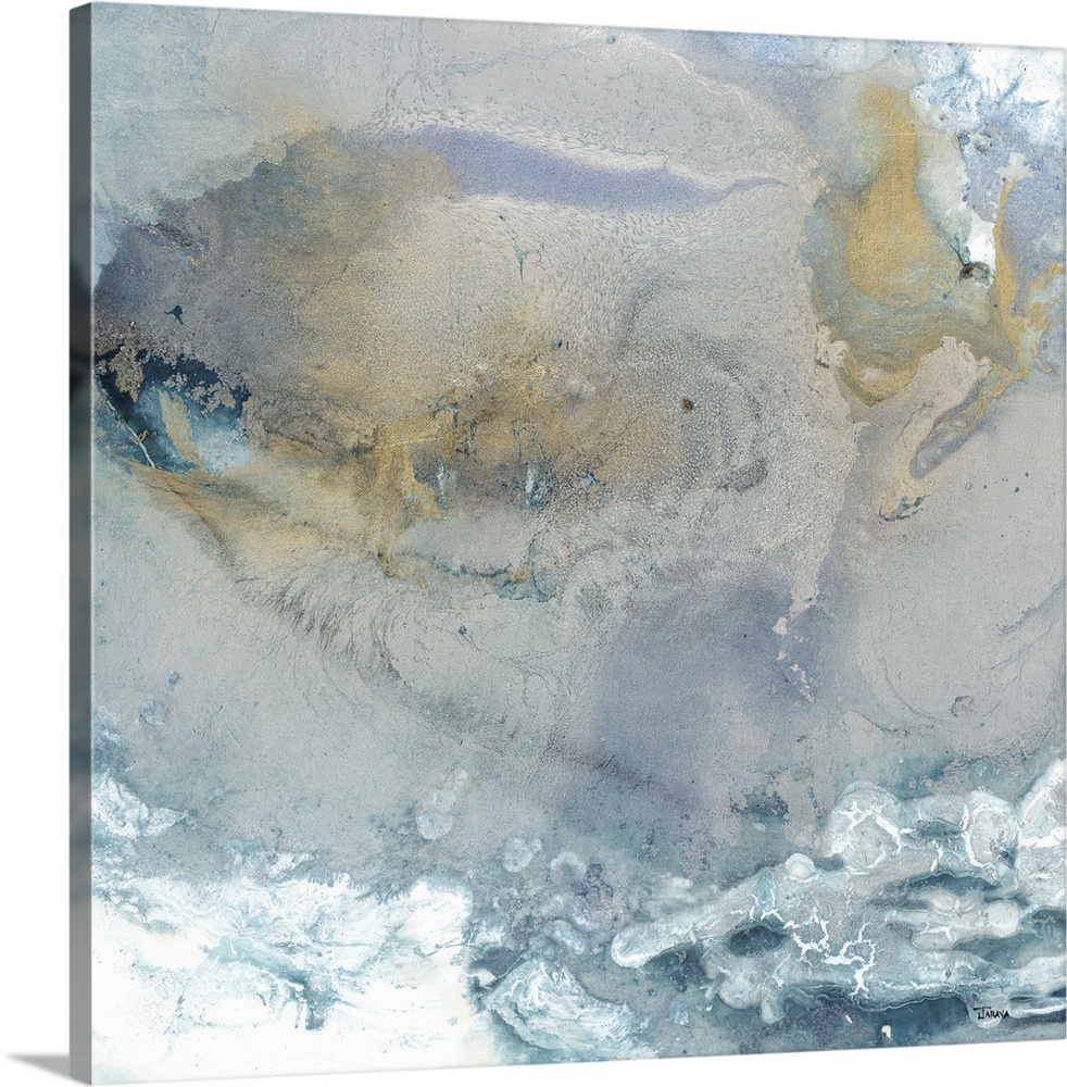 Square abstract art in shades of blue, gray, white, and gold forming together.