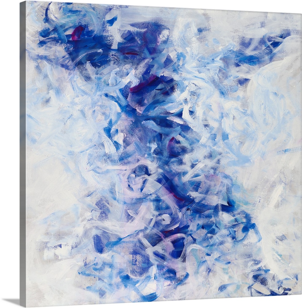 Large abstract painting in shades of blue, gray, and white with small hints of purple in squiggly lines all over.