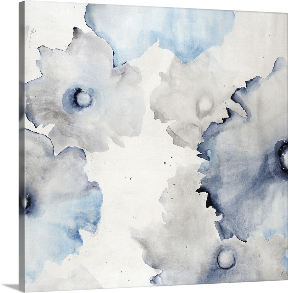 Watercolor painting of fading gray and blue flowers on white.
