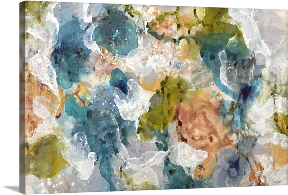 Large abstract painting with almost translucent hues layered on top of each other in green, blue, coral, and gray.