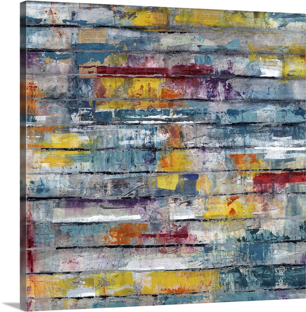 Contemporary abstract painting of splashes of color on weathered planks.