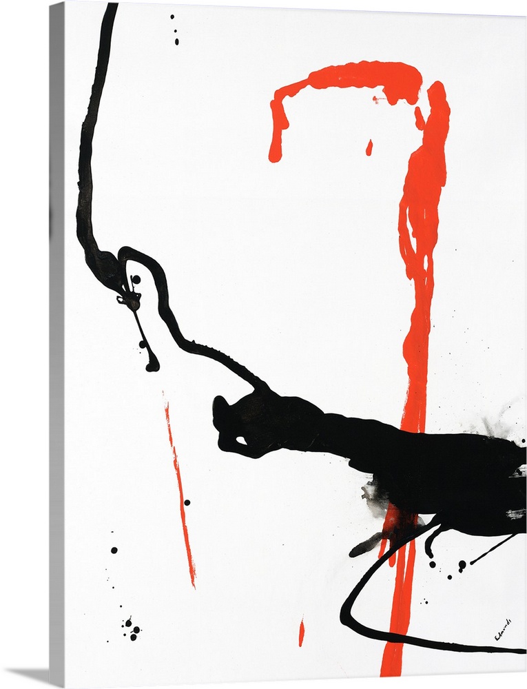 This white blank surface is an abstract piece of artwork splashed with a dash of black and orange paint.