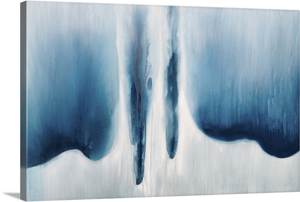 Abstract artwork in cool blue tones resembling falling water.