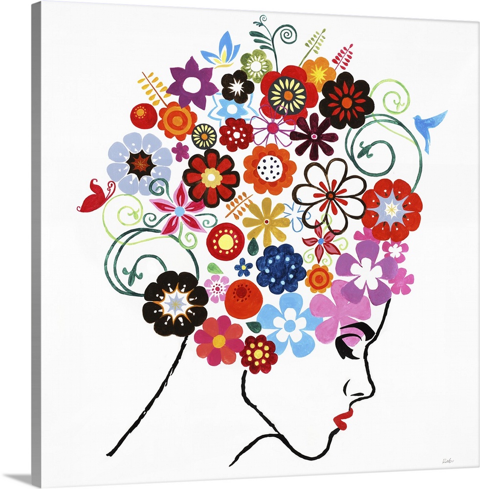 Square artwork with a woman outlined in black with red lips and hair made out of colorful flowers, all on a white background.