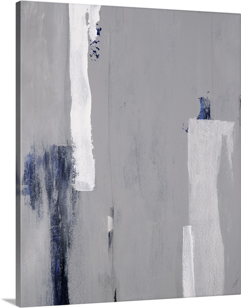 Abstract painting of textured brush strokes in shades of gray with blue accents.
