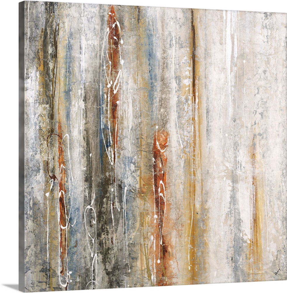 Contemporary abstract painting with vertical stripes of brown and white.