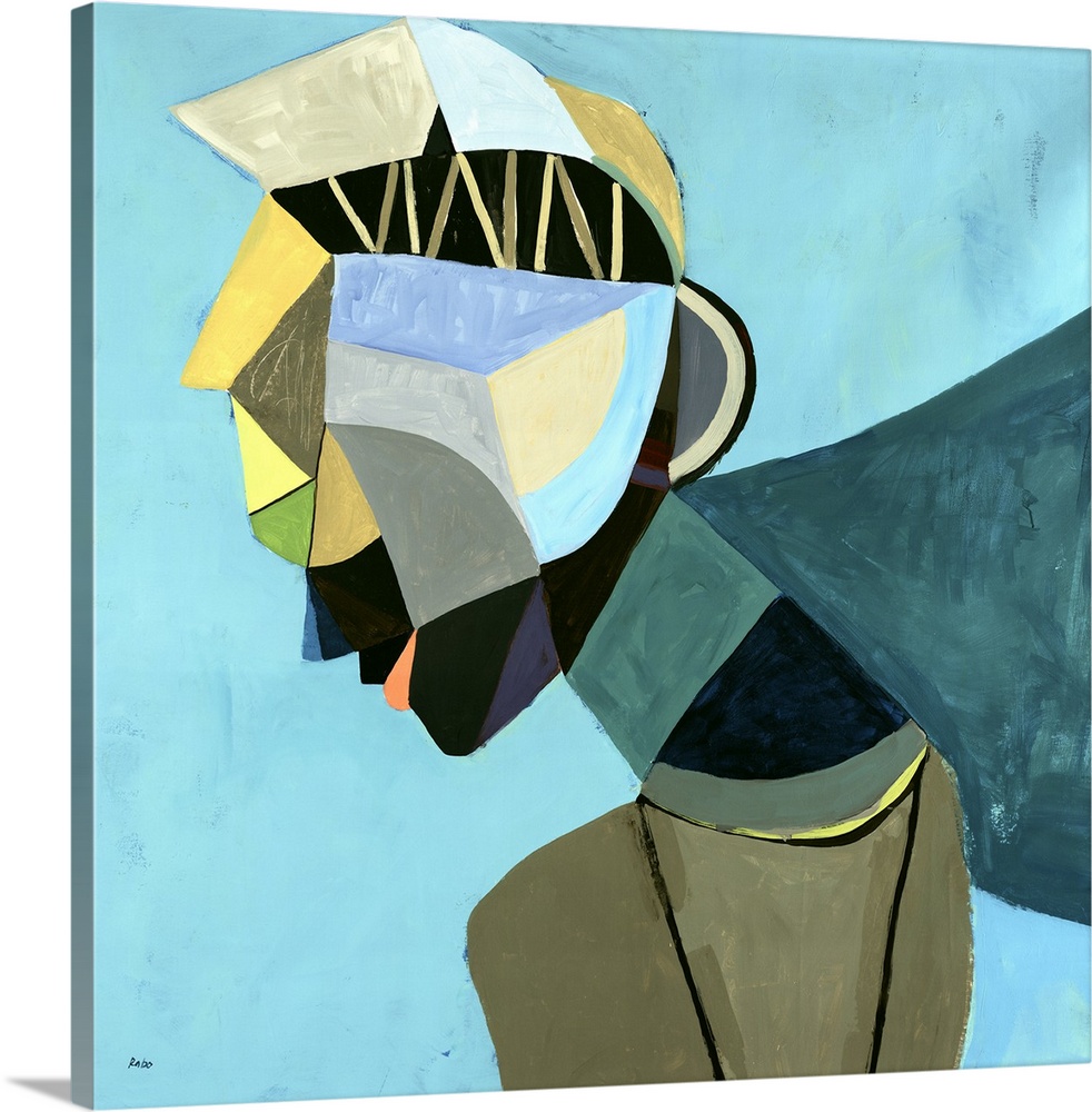 Abstract painting of the profile of a woman wearing a colorful head piece, on a cool background of blues.