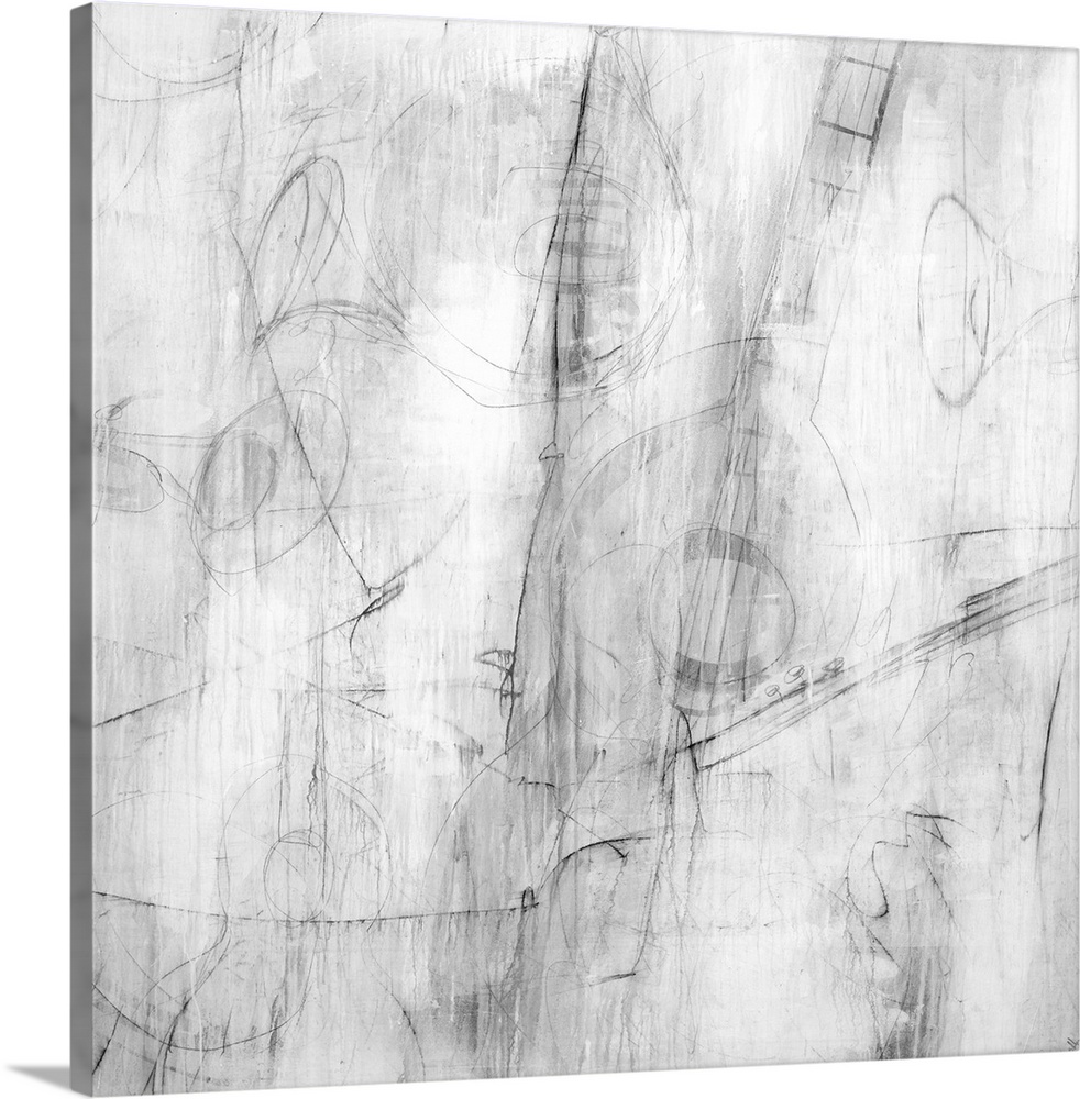 Abstract painting of faint sketches of jazz instruments in gray tones.