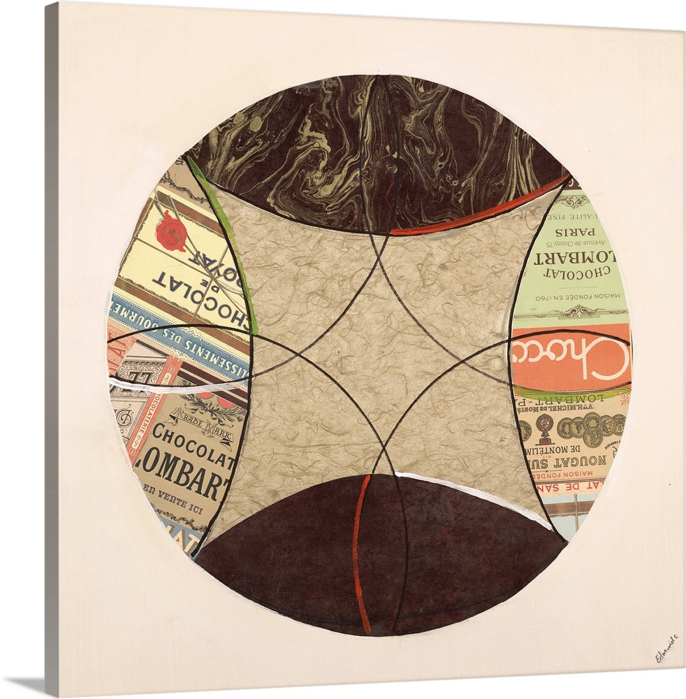 Contemporary painting of a circle with different articles of print in the sections of the shape.