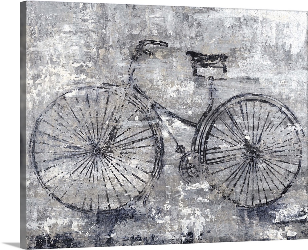 A contemporary painting of a bicycle against a dark gray background with an overall distressed look.