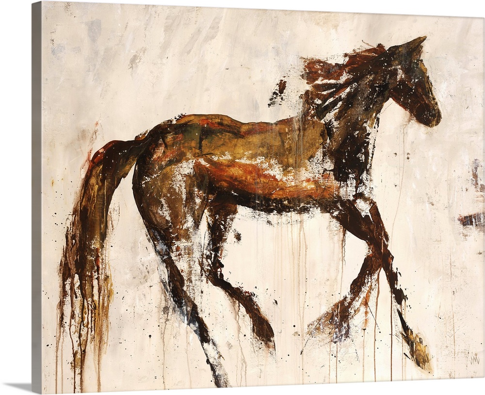 Contemporary painting of a brown rustic looking horse in a galloping motion.