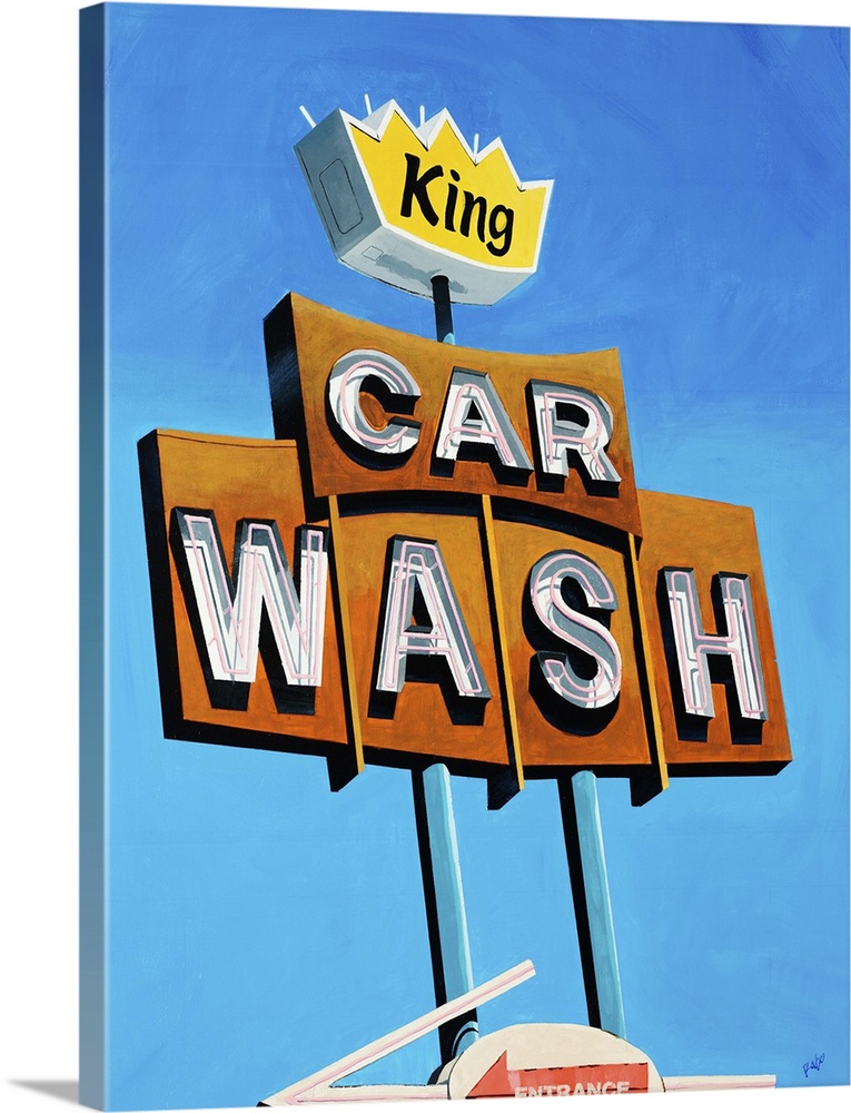 Painting of a vintage car wash sign with unlit fluorescent lights, against a bright blue cloudless sky.