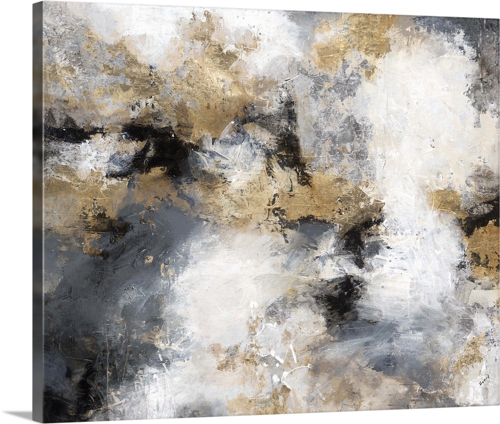 Contemporary abstract artwork in shades of gold, grey, and white, resembling a stormy sky.