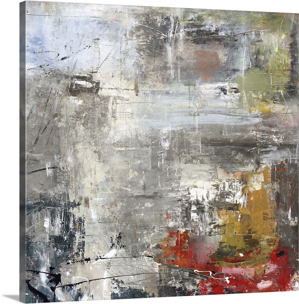 Square abstract painting of textured natural colors such as gray, brown and red.