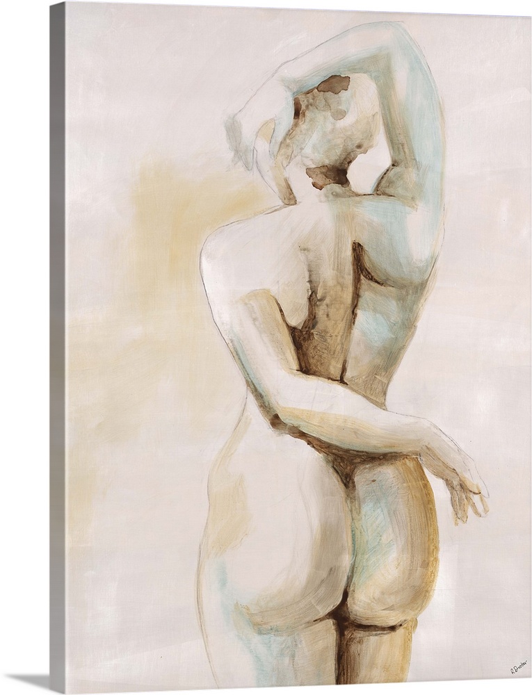 Contemporary figurative painting of a nude female standing with back facing viewer. Her left arm behind her and her right ...