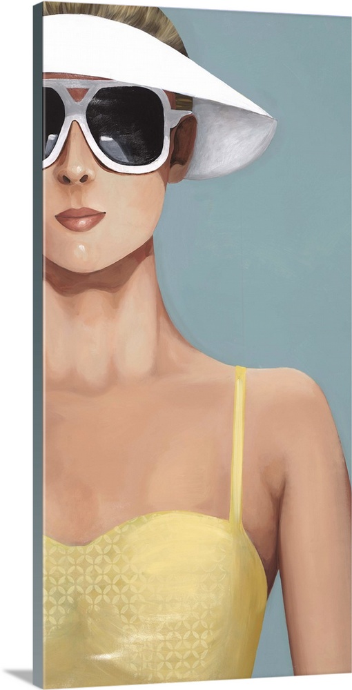 Contemporary artwork of a woman in a yellow bathing suit and large sunglasses.