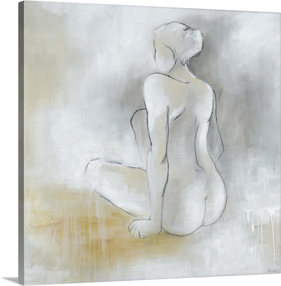 Contemporary painting of a seated nude female figure against a pale neutral background.