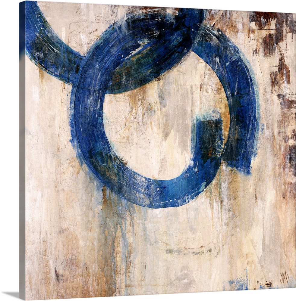 Abstract artwork of a mostly neutral background that has two blue rings that are interlocked.