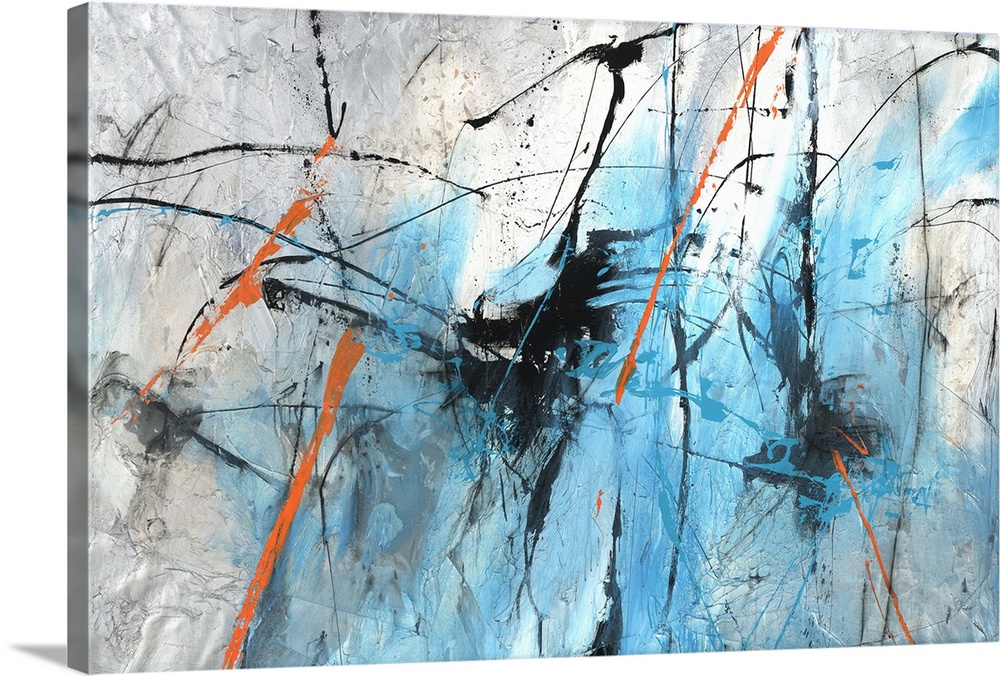 Large abstract painting with busy lines of color in bright blue and orange with black and white mixed in on a silver backg...