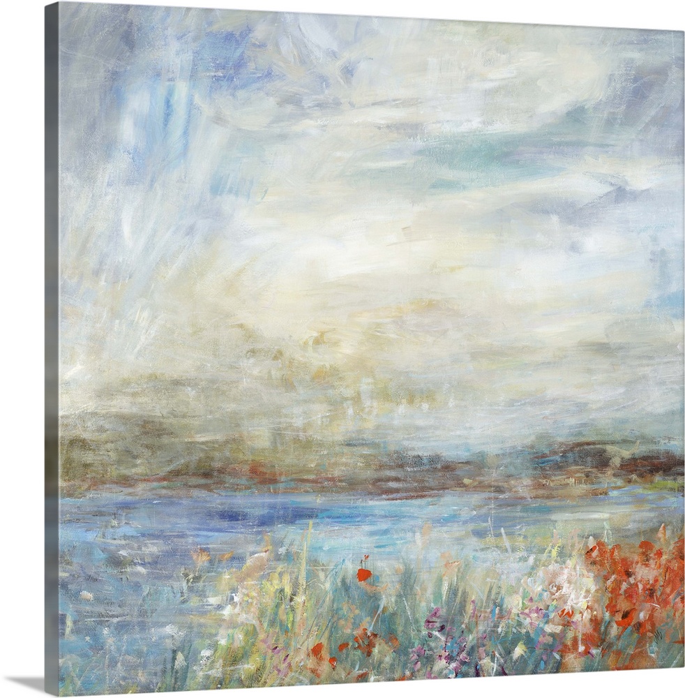 Contemporary landscape painting looking out onto a lake in the countryside.