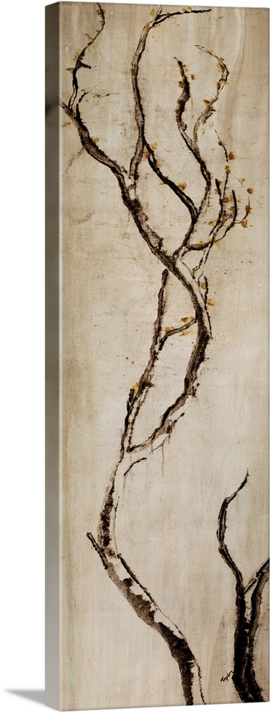 Contemporary vertical art piece of a bare tree branch sticking up on a neutral background.
