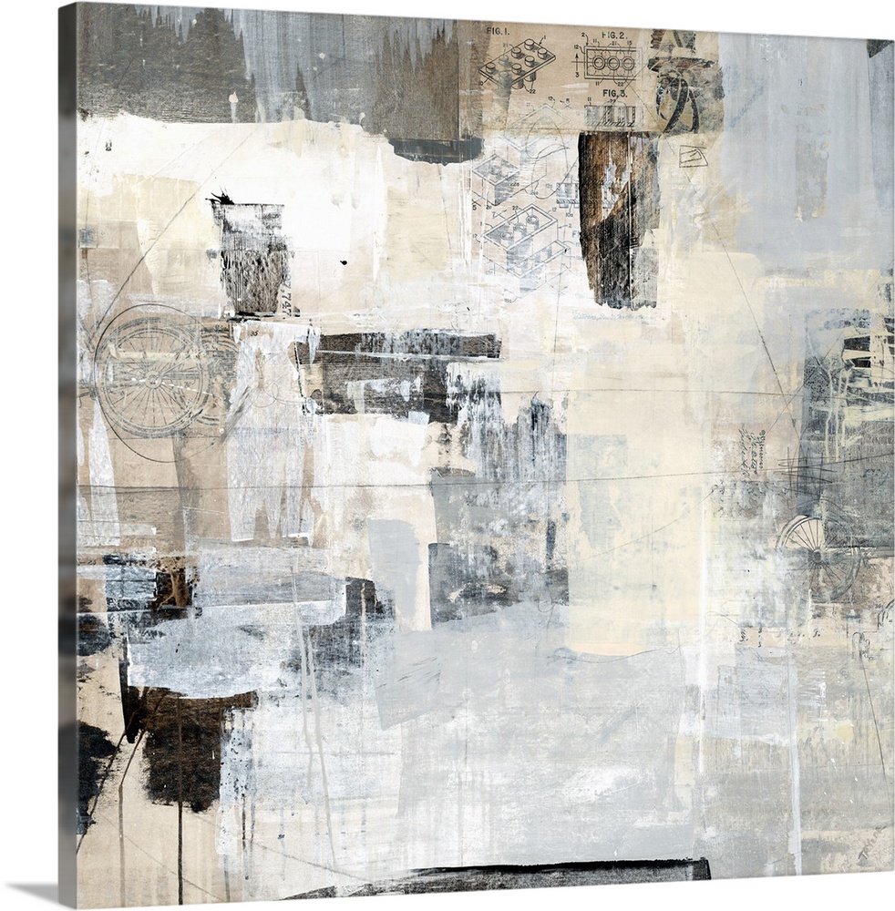 Mechanical square abstract painting with gray, black, and white thick brushstrokes on top of a page of assembly directions...
