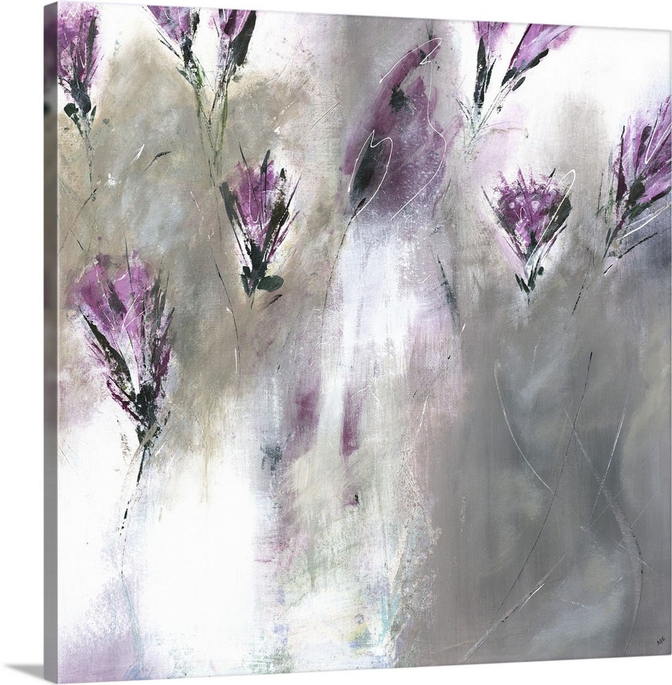 Square painting of abstract lavender colored lilies on a gray and white background.
