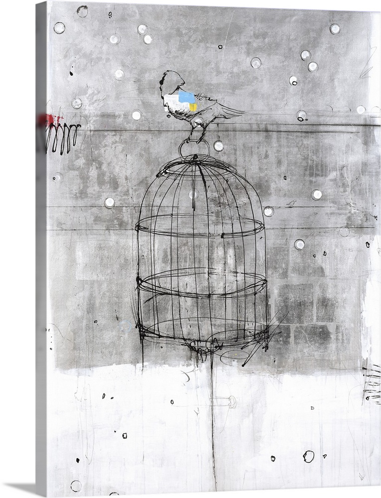Painting of a bird perched on the top of a cage surrounded by white bubbles on a faded gray backdrop.
