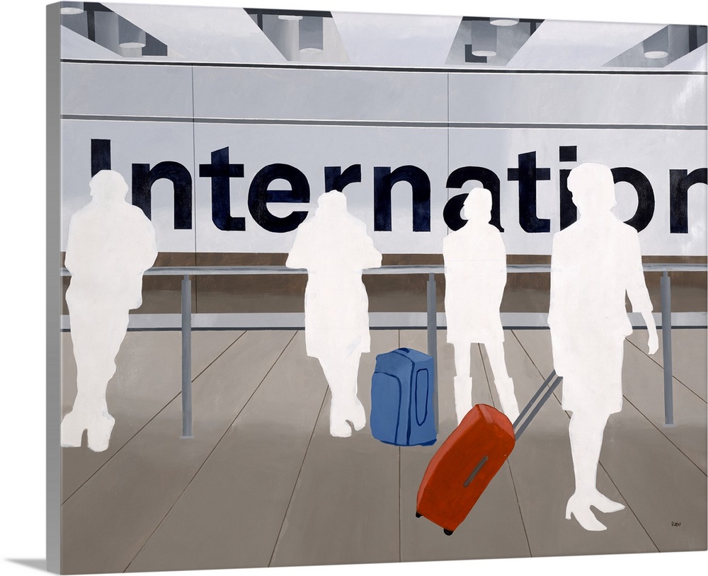 Contemporary artwork of white silhouettes of passengers with luggage at an airport.