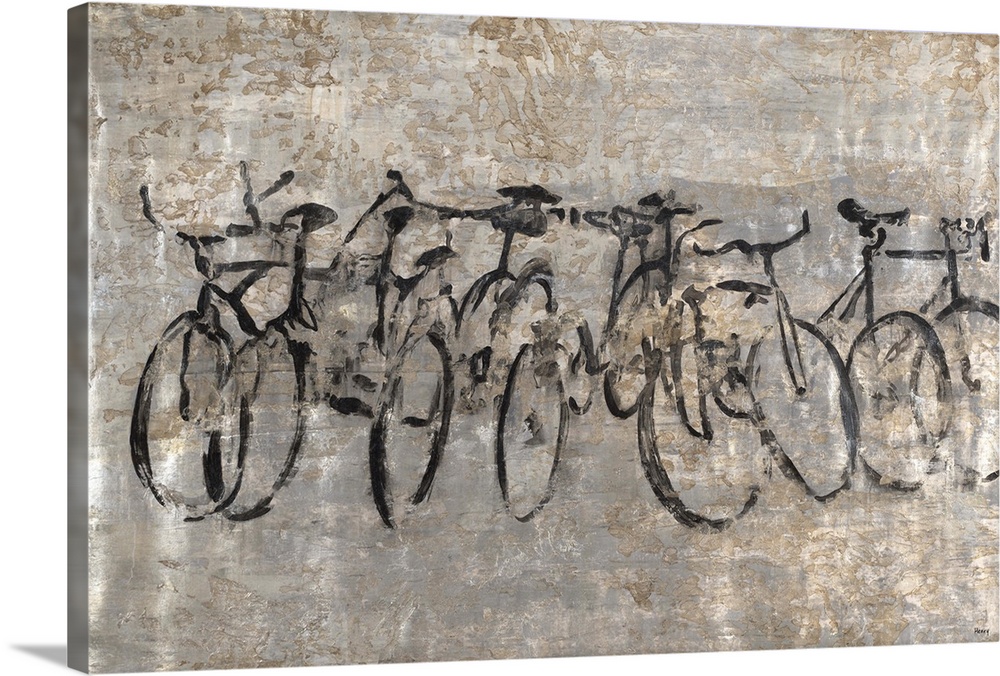 Contemporary painting of a row of bicycles on a textured grey background.