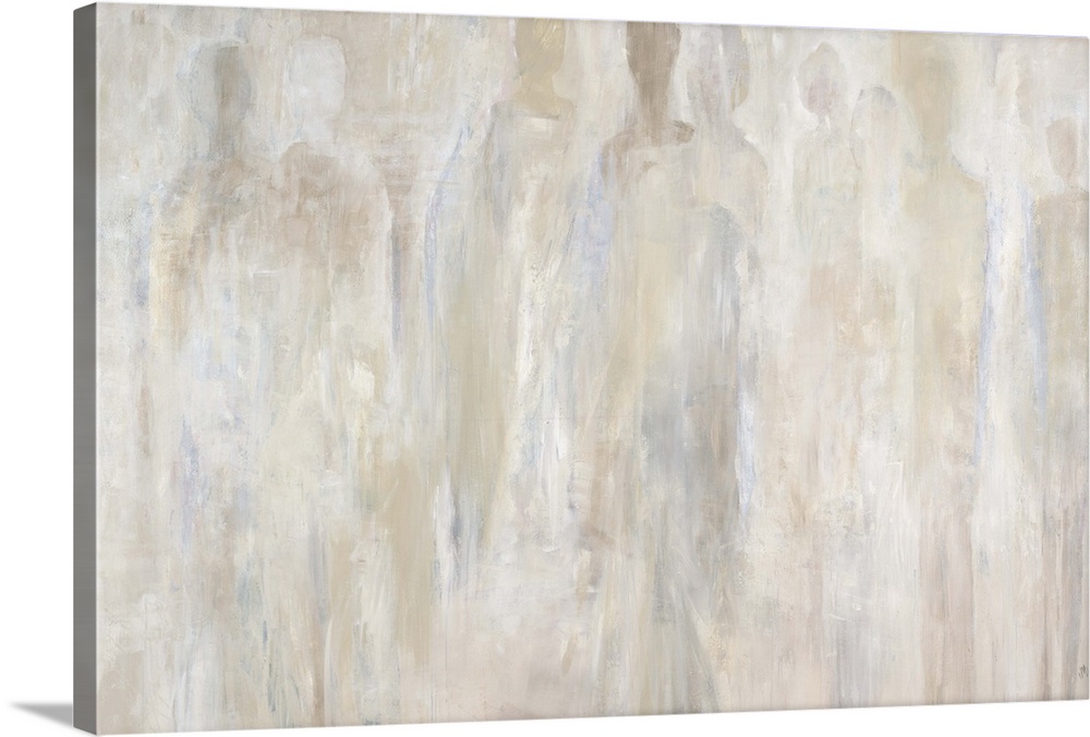 Abstract painting of many human silhouettes that almost fade into the background of light, neutral tones.