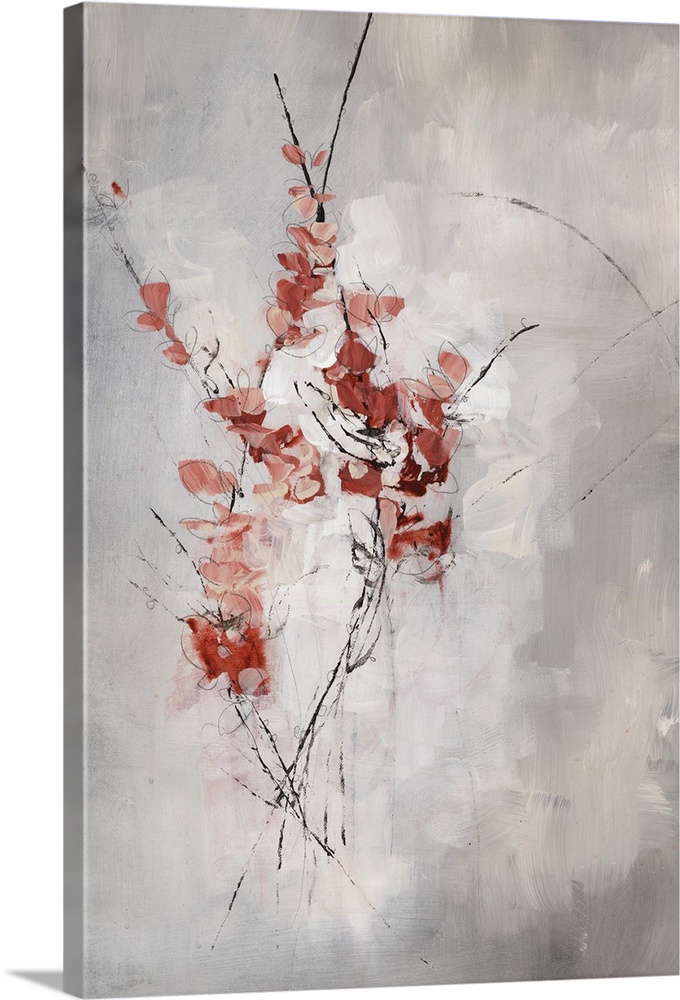 Contemporary art of several thin, vertical branches covered in blossoms, on a neutral background that transitions from lig...