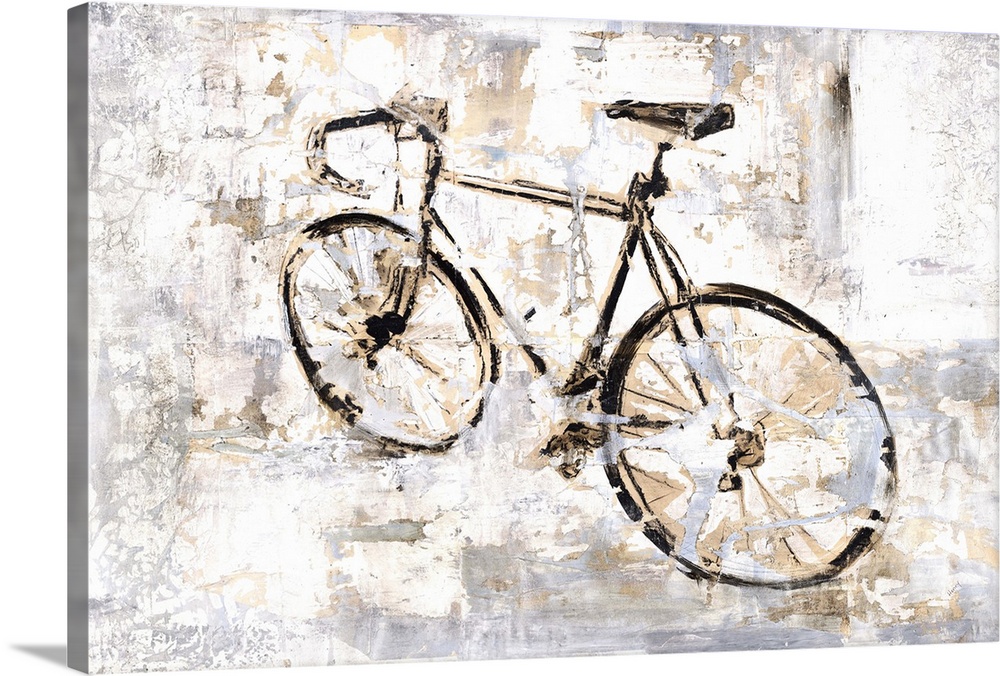 Contemporary painting of a bicycle against a background of muted neutral tones.